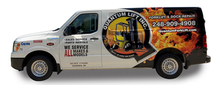 Quantum Lift Service Van featuring the stanced forklift logo